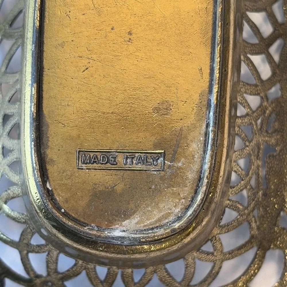 Vintage Italian Ornate Gilt Brass Pierced Footed Vanity Dresser Tray Made Italy